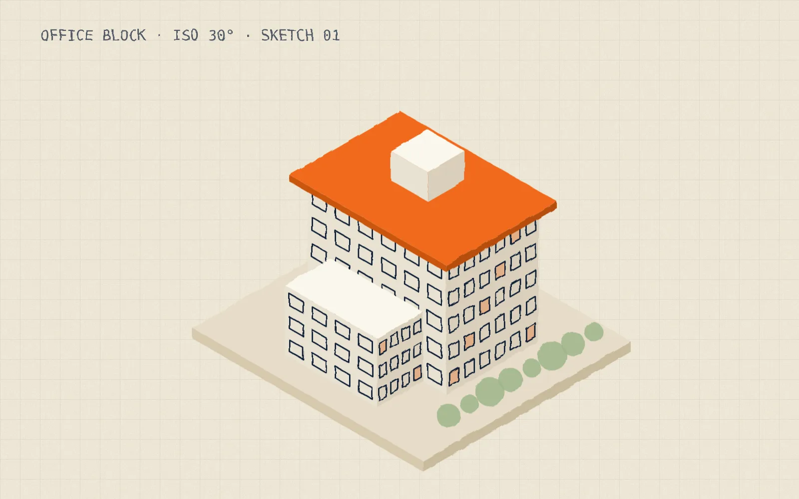 Isometric 3D architectural sketch of an office building with orange roof