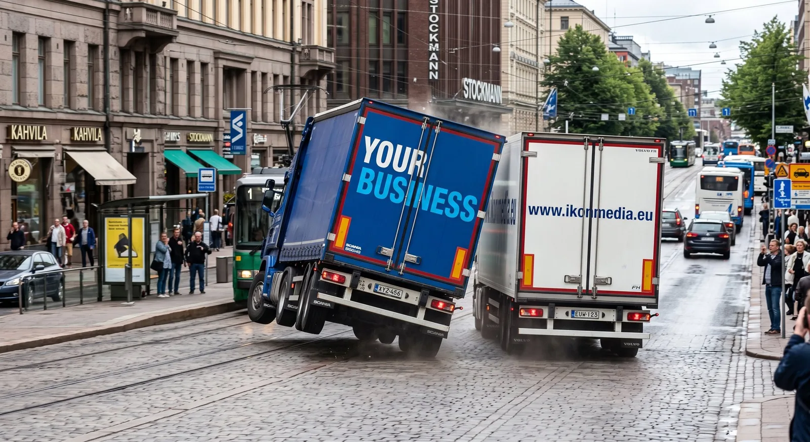 شاحنتان في شارع بهلسنكي، على الباب الخلفي لإحداهما ikonmedia.eu وعلى الأخرى Your Business
